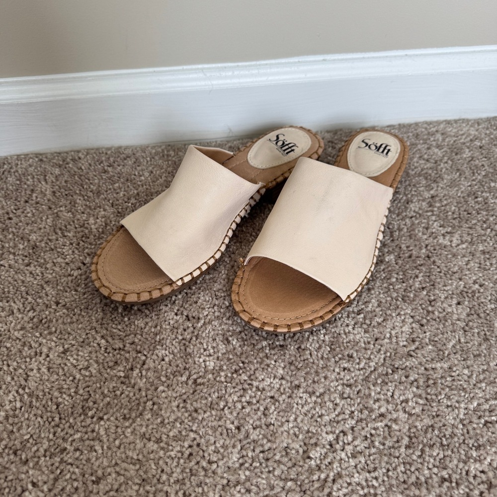 Sofft Womens Leather Slide Sandals Cream Whipstitch Mules SF0044804 Size 9M